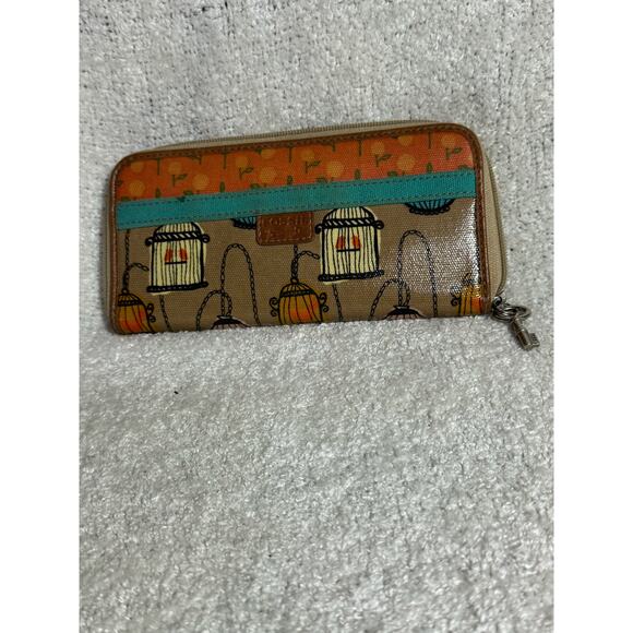 Key Per Fossil Envelope Wallet Retro Bord Cages Zip Around Coated Canvas - Picture 1 of 7